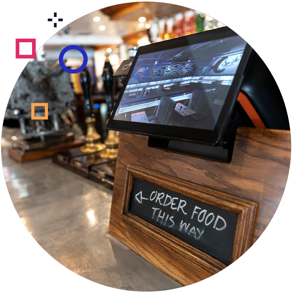 Self-service POS station with card terminal for efficient ordering in busy food and drink areas across venues