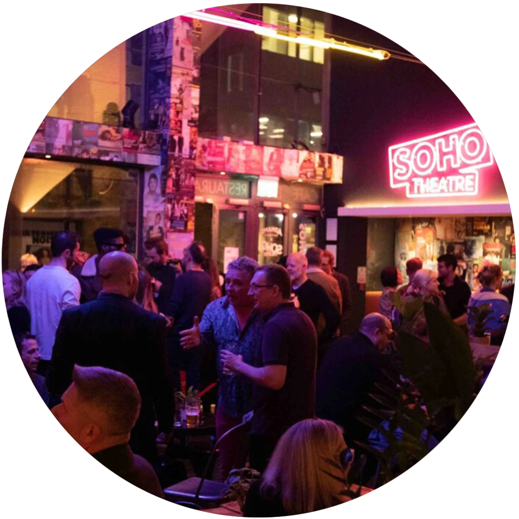 Guests gather in the bar area of Soho Theatre, showing high-volume hospitality environments using pointOne EPOS